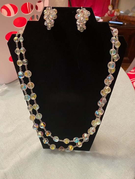 VENDOME Signed Aurora Borealis Crystal Necklace and Clip Earrings Set | 1950s Tw - Picture 1 of 7